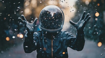 Astronaut floating with snow particles in surreal space scene