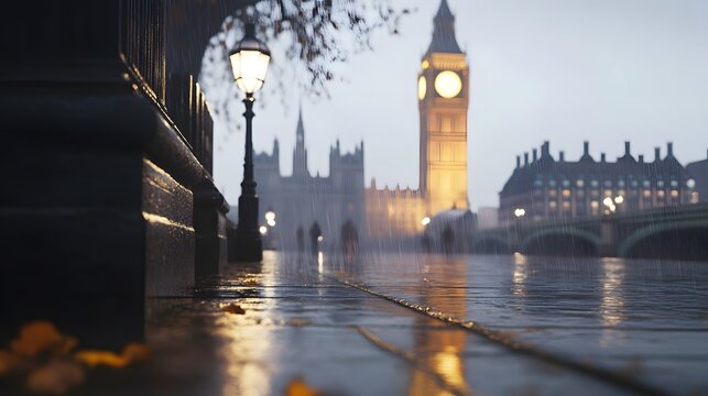 Rainy London Cityscape Big Ben and Houses of Parliament Under Soft Lighting - Powered by Adobe