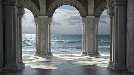 Stone archways opening to sea view with cloudy sky
