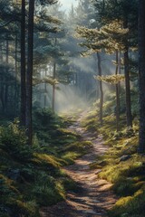 Obraz premium Peaceful forest path with sunlight shining through trees, serene nature landscape, tranquil wilderness scene in the woods