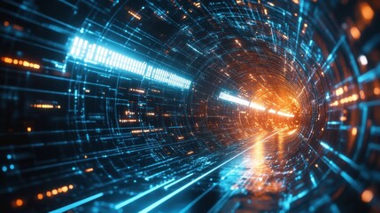 Futuristic Digital Tunnel with Glowing Lines and Abstract Light Effects in a High-Tech Environment