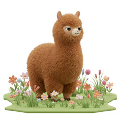 Charming 3D Render of a Fluffy Brown Alpaca Surrounded by Delicate Flowers