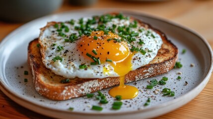 Delicious breakfast plate featuring fried egg on toasted bread garnished with fresh chives and black pepper in natural lighting
