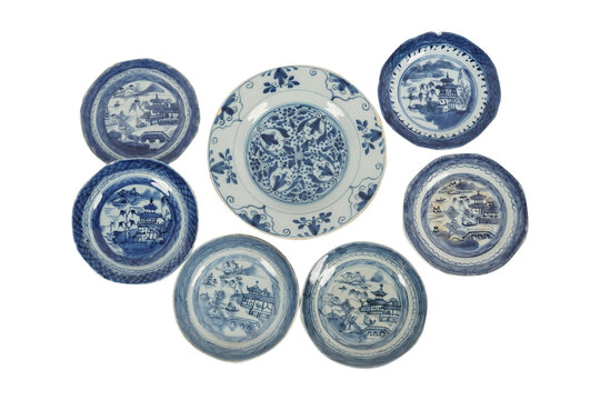 blue plate isolated on white  Chinese Style Blue and White Porcelain Ceramic Hanging Tray