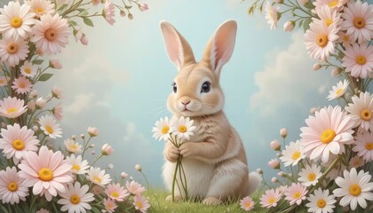 Obraz premium Delightful Spring Portrait: A Charming Bunny Amidst a Floral Meadow Scene