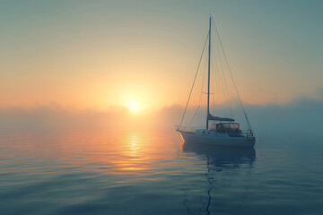 Fototapeta premium Small cozy yacht gently floating on calm morning sea, surrounded by soft mist and illuminated by the golden light of the sunrise in a peaceful atmosphere, generative ai
