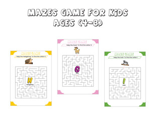 Maze game for kids worksheet for education. Maze puzzle game for children. Outline maze or labyrinth game with alphabet.
