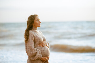 Smiling pregnant woman 25-29 year old holding tummy wearing knitted dress posing over sea outdoors....