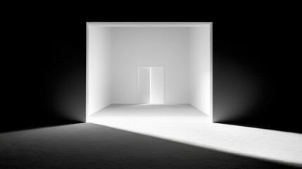 A black and white photograph of a minimalist room with a door in the center.