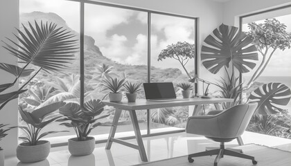 Modern Minimalist Home Office with Tropical View