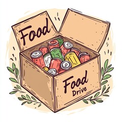 Colorful Box of Canned Goods for Food Drive with Vegetation Background and Hand-Drawn Style