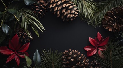 Fototapeta premium Dark Christmas flatlay with pinecones and red flowers