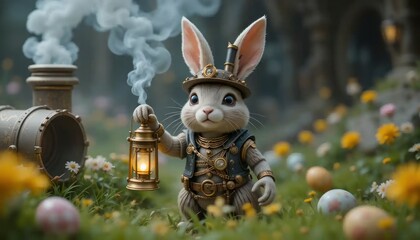 Steampunk Easter Bunny with Lantern Amidst Floral Meadow and Painted Eggs