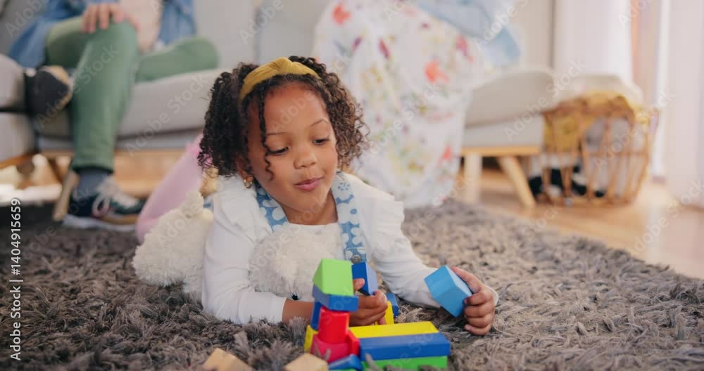 Poster girl, building blocks and toys for learning in home, education and playing on floor for development.