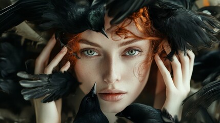 Surreal portrait of woman with feathers and intense gaze