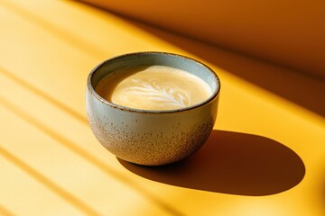 A light-toned ceramic mug holds a latte art coffee drink.