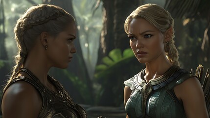 Two women with intricate hairstyles face each other in a jungle setting.