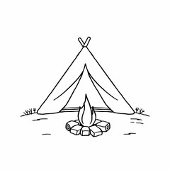 Camping Teepee Tent Line Art Campfire Sketch Wilderness Scene Minimalist Drawing Summer Outdoor Adventure Rustic Nature Cozy Illustration