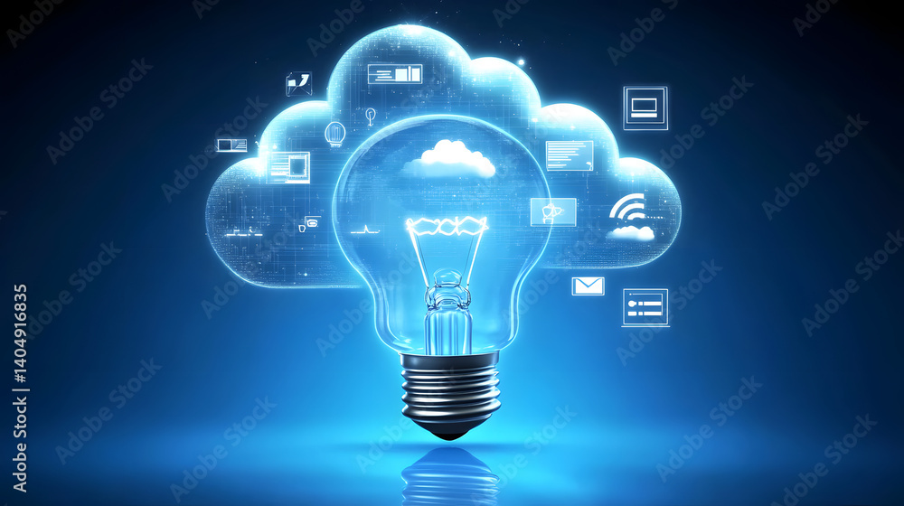 Poster cloud of innovation: a luminous lightbulb illuminating a translucent cloud adorned with various tech