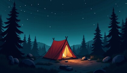 Glowing tent in forest at night under starry sky illustration