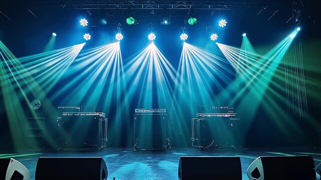 Vibrant stage lighting beams illuminate concert venue, creating energetic atmosphere for live performance with top notch equipment and stunning illumination.