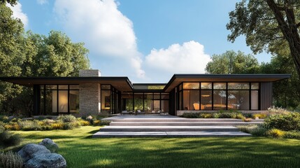 Modern architectural masterpiece nestled within lush natural landscape