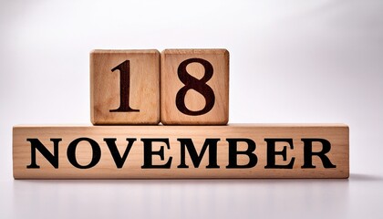Minimalist photo of wooden blocks with date 18 November. Day and month, calendar on white background