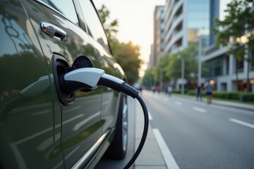 Electric car charging on urban street with modern cityscape, eco friendly transportation, clean energy mobility, sustainable future, vehicle electrification, smart city innovation 