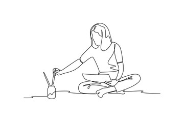 Simple continuous line draw of professional painter at international art day exhibition. World Art Day Celebration. Cartoon Poster. Art day celebration minimalist concept. Painting.