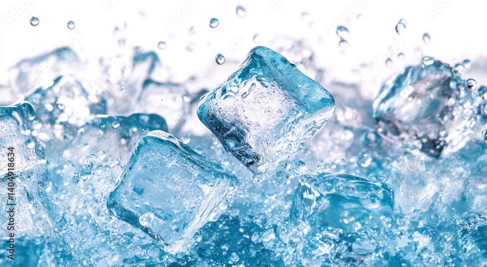 Aufkleber freshness of ice cubes in sparkling water with dynamic splash in bright background