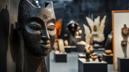 Museum display of tribal and cultural wooden masks