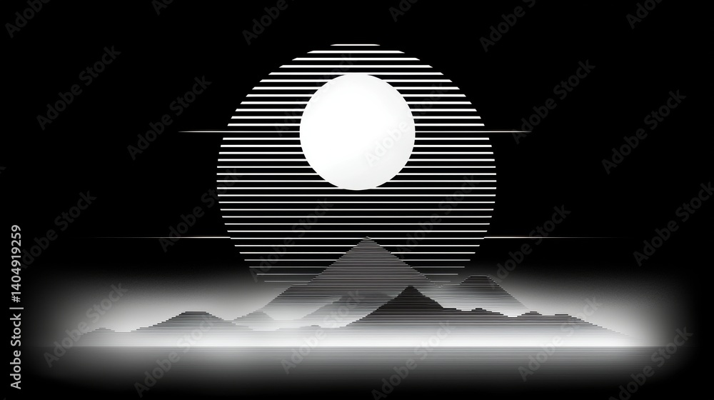Poster a black and white abstract design featuring a large oval shape with a smaller oval inside, surrounde