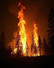 Massive wildfire engulfing a dense forest at night with towering flames and thick smoke, intense natural disaster scene illustrating climate change and environmental crisis. 