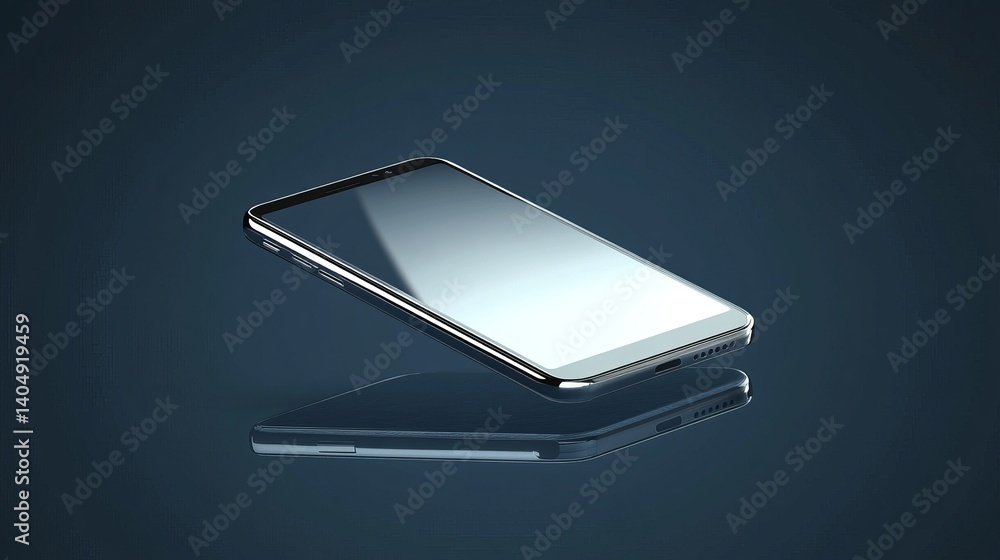 Poster a modern smartphone floating above its reflection on a dark blue gradient background in studio light