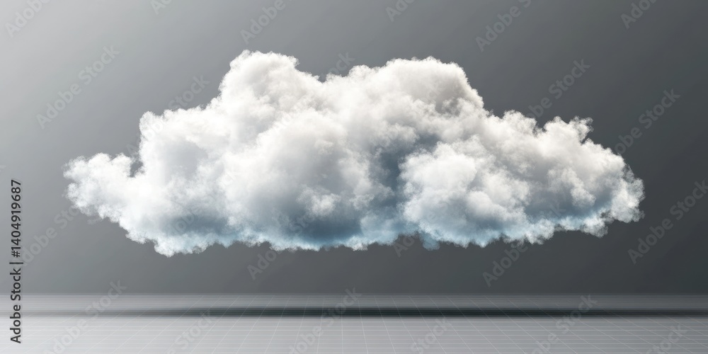 Poster floating white fluffy cloud with soft edges on a neutral gray background showcasing depth and dimens