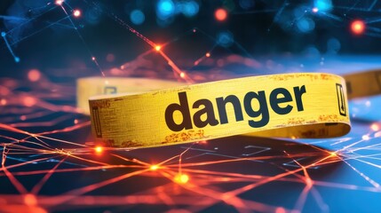 Crime scene visualization with floating danger tape urban environment digital art suspenseful atmosphere