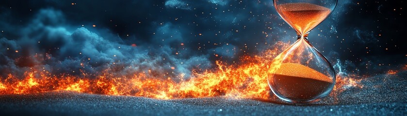 An abstract representation of an hourglass bursting into dynamic fragments of energy, symbolizing time's fluidity and transformation.