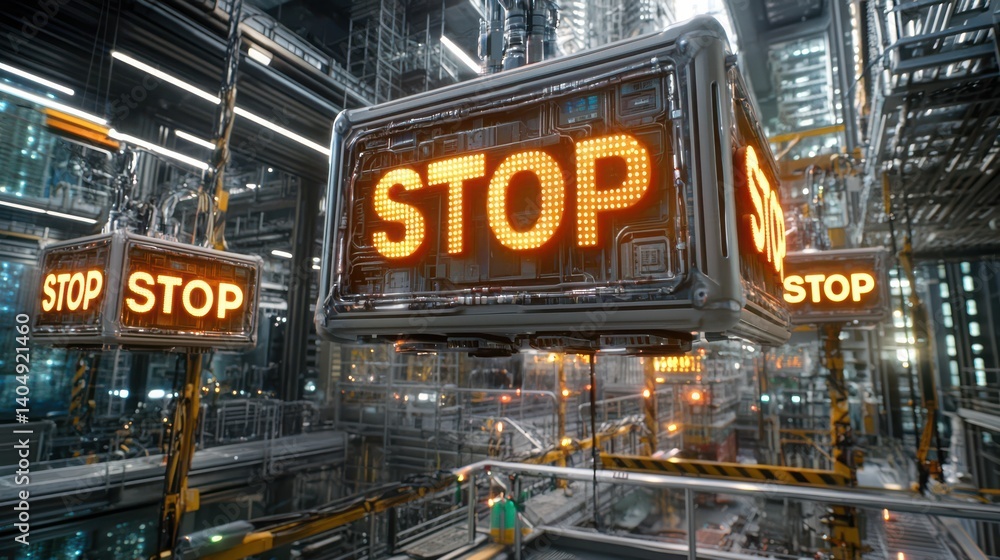 Poster suspended action giant floating cube with stop signs in futuristic industrial setting gigapixel deta