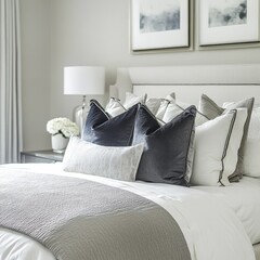White room, king bed, grey bedding.