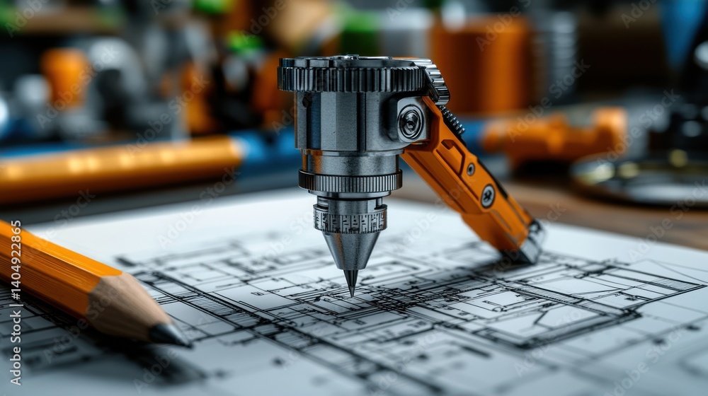 Poster precision engineering: robotic arm on blueprint