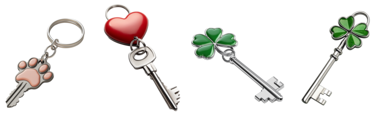 
PNG Set of four decorative keys with unique keychains including a paw print, heart, and clover designs on a white background. House and real estate sales and rental idea. Selling a property creative 