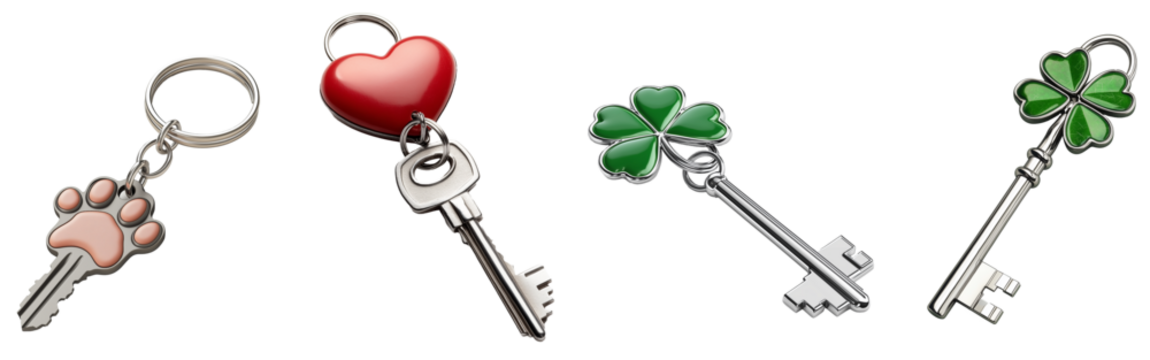 
PNG Set of four decorative keys with unique keychains including a paw print, heart, and clover designs on a white background. House and real estate sales and rental idea. Selling a property creative  - Powered by Adobe