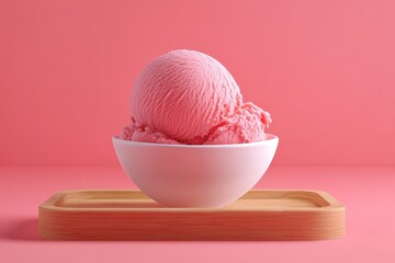 A scoop of pink ice cream in a white bowl on a wooden tray.