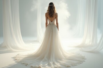 Ethereal bride in flowing white wedding gown standing in dreamy, softly lit setting, back view of...