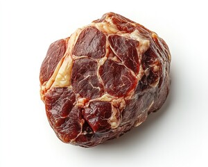 Obraz premium Raw Piece of Fresh Red Meat with Marble Texture on White Background for Culinary and Butchery Use