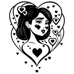 Vector Portrait of Love Girl with Hearts Tattoo