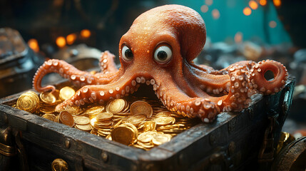 Playful Octopus in Treasure Chest: A Whimsical Underwater Scene