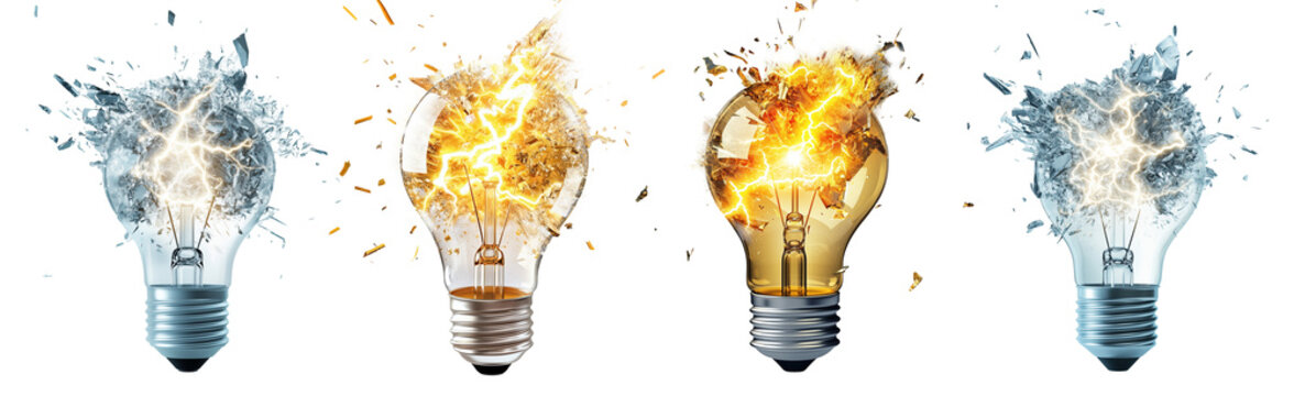 
Four light bulbs exploding with electricity on a transparent background, showcasing energy and innovation concepts. Electric energy creative idea. Spark and power concept.
