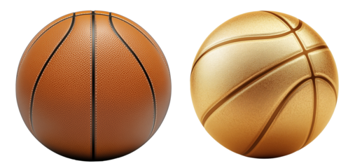 PNG set of 2 basketballs including a traditional leather ball and one made with golden pattern. Team game creative idea. Sport Competition equipment concept.