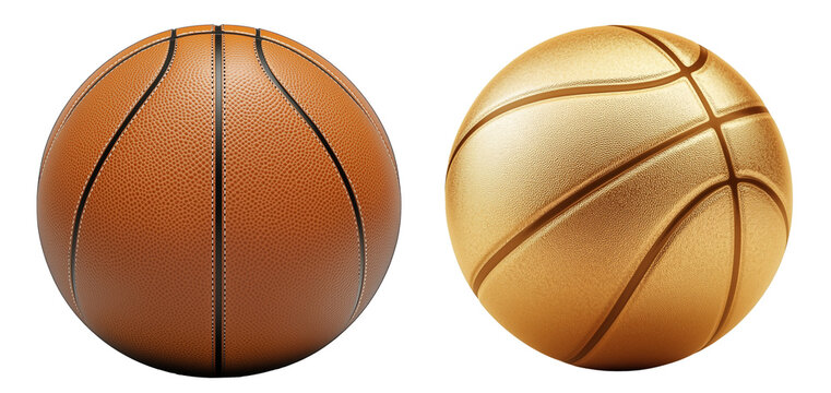 PNG set of 2 basketballs including a traditional leather ball and one made with golden pattern. Team game creative idea. Sport Competition equipment concept.
